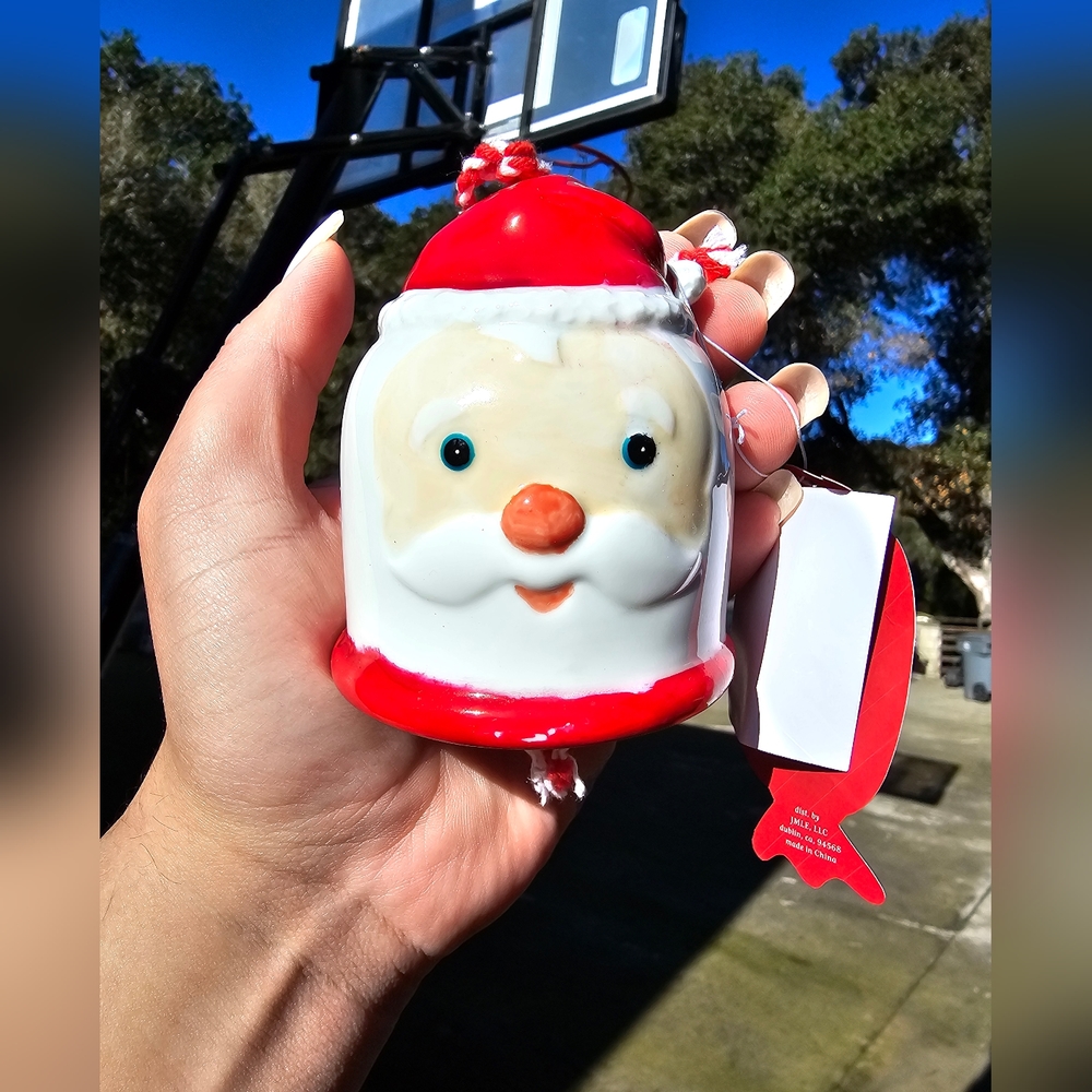 PEPPERMINT SQUARE CERAMIC SANTA BELL ORNAMENT